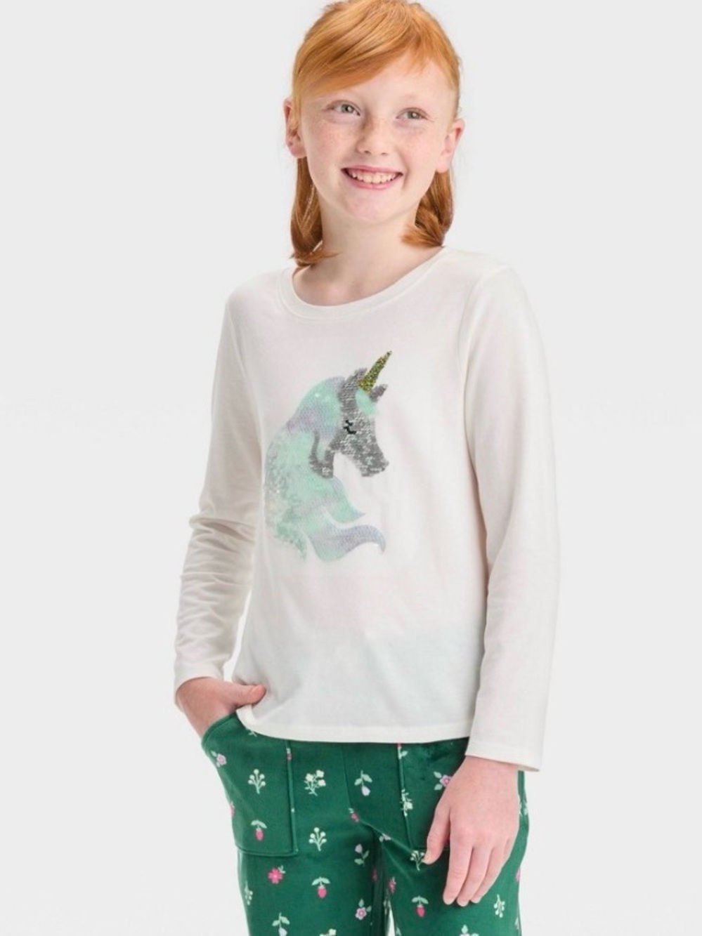 Cat & Jack White Long-Sleeve Tee with Sequin Mint & Silver Unicorn